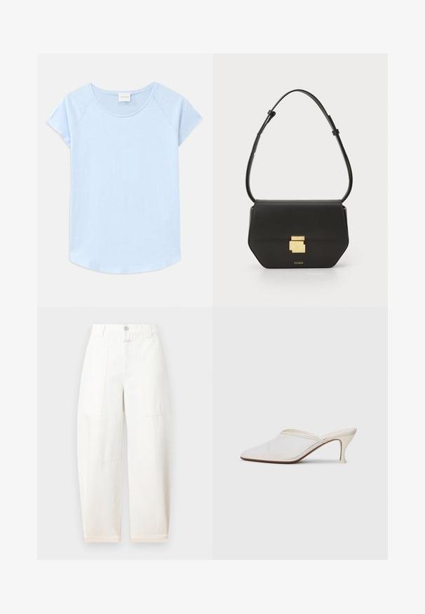 Šviesiai mėlynas trumpomis rankovėmis marškinėliai su apvaliu kaklu, laisvu siluetu ir išlenktu hemu. Pagaminti iš minkštos medžiagos su lygiu paviršiumi.; CLOSED RHANNON - Platėjantys džinsai - ivory; Baltos tinklelio smailiakojės mules su plonu vidutinio aukščio kulnu ir užkulnio dizainu ant vientiso fono.; CLOSED CLOSED ONE - Rankinė per petį - black