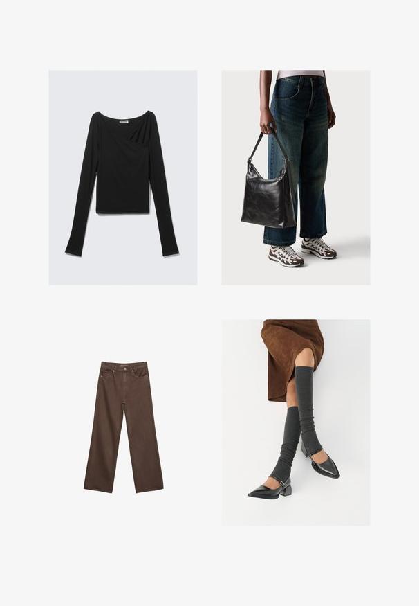 Top nero a maniche lunghe realizzato in tessuto morbido, con un design drappeggiato e un frontale incrociato, oltre a un collo a barca. Texture liscia, lunghezza cropped.; Jeans a gamba larga marroni in denim, con vita alta, tasche anteriori e chiusura a bottone classica. Tessuto liscio con cuciture sottili.; Scarpe nere in pelle verniciata con punta affilata, tacco a blocco e cinturino alla caviglia, abbinate a scaldamuscoli grigi a coste e una gonna in suede marrone.; Borsa a tracolla nera in pelle con una texture liscia e tracolla regolabile, abbinata a jeans ampi sbiaditi e sneakers sportive.