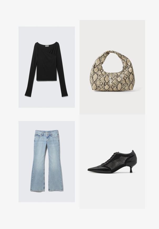 Black long-sleeve top made of soft fabric, featuring a draped design with a cross-over front and a boat neckline. Smooth texture, cropped length.; Weekday NOVA - Slim fit jeans - lip blue; Black pointed-toe shoe with a mesh panel design, featuring a low heel and lace-up front. Made from a combination of leather and mesh material.; Snake-print handbag with a curved handle. Made from textured, beige and brown materials, featuring a distinctive diamond pattern.