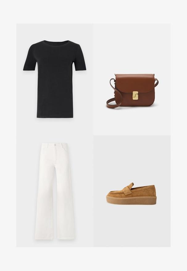 Schwarzes T-Shirt mit kurzen Ärmeln aus weicher Baumwolle, mit rundem Halsausschnitt und klassischer Passform. Glatte Textur, ohne Muster oder Verzierungen.; Weiße, hoch taillierte, weite Jeans aus Denim. Verfügt über einen Knopfverschluss, zwei Fronttaschen und Seitennähte mit Stickdetails.; Brauner Wildleder-Loafer mit runder Zehenform, ausgestattet mit einer gerippten Plattformsohle und einem dekorativen Riemen über dem Obermaterial.; Braune Ledertasche mit Klappenverschluss, Beschlägen in Goldfarbe, einem Schultergurt und einer glatten Oberfläche. Kompakte rechteckige Form.