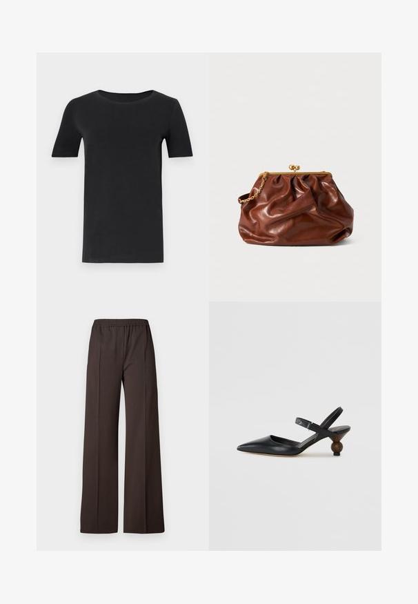 Čierne tričko s krátkym rukávom vyrobené z jemného bavlneného materiálu, s okrúhlym výstrihom a klasickým strihom. Hladká textúra, bez vzorov alebo dekoratívnych prvkov.; Široké nohavice v tmavohnedej látke s elastickým pásom, s hladkou štruktúrou a čistými líniami pre upravený vzhľad.; Čierna kožená slingback obuv s špicatou špičkou, zakriveným dizajnom a okrúhlou drevokatou pätou. Obsahuje úzky popruh okolo členka.; Hnedá kožená kabelka na klasické zatváranie so zlatým rámom a krátkym zlatým reťazovým držadlom, s jemnou, zhrbenou textúrou na bielom pozadí.