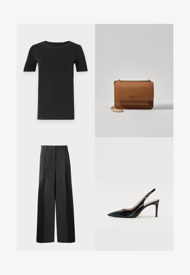 Melnas īsām piedurknēm T-krekls, kas izgatavots no mīkstas kokvilnas, ar apaļu kakla izgriezumu un klasisku piegriezumu. Gluda tekstūra, bez rakstiem vai rotājumiem.; Melni platajā kājās bikses ar augsto jostasvietu, kas ar priekšējiem krokām, gludu tekstūru un pielāgotu apdari. Veidotas relaksētai piegrieztei.; Melnas lakotās ādas slingback kurpes ar izteiktu degunu, šauru papēdi un smalku izgriezumu dizainu. Siksniņai ir zelta sprādze.; Brūna teksturēta ādas plecu soma ar zelta ķēdes siksnu un atloka aizdari. Priekšpusē ir logotipa detaļa un kabata zem atloka.