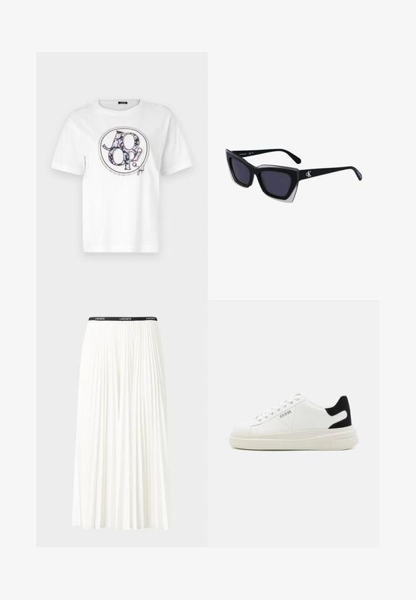 Weißes Baumwoll-T-Shirt mit rundem Grafikdruck, auf dem in schwarzer Schrift "JOOP!" und florale Muster in Blau, Pink und Weiß zu sehen sind. Kurze Ärmel, Rundhalsausschnitt.; Faltenrock aus Weiß mit einem schwarzen elastischen Bund, der das "LACOSTE"-Logo trägt. Mittellanges Design mit weicher Textur.; Weiße Leder-Sneaker mit einer dicken weißen Sohle, schwarzem Wildlederakzent an der Ferse und geprägtem Logo an der Seite. Schnürdesign mit sechs Ösen.; Schwarze übergroße Sonnenbrille mit geometrischer Form, ausgestattet mit dunklen Gläsern und einem kontrastierenden grauen Detail im Rahmen. Logo am Bügel.