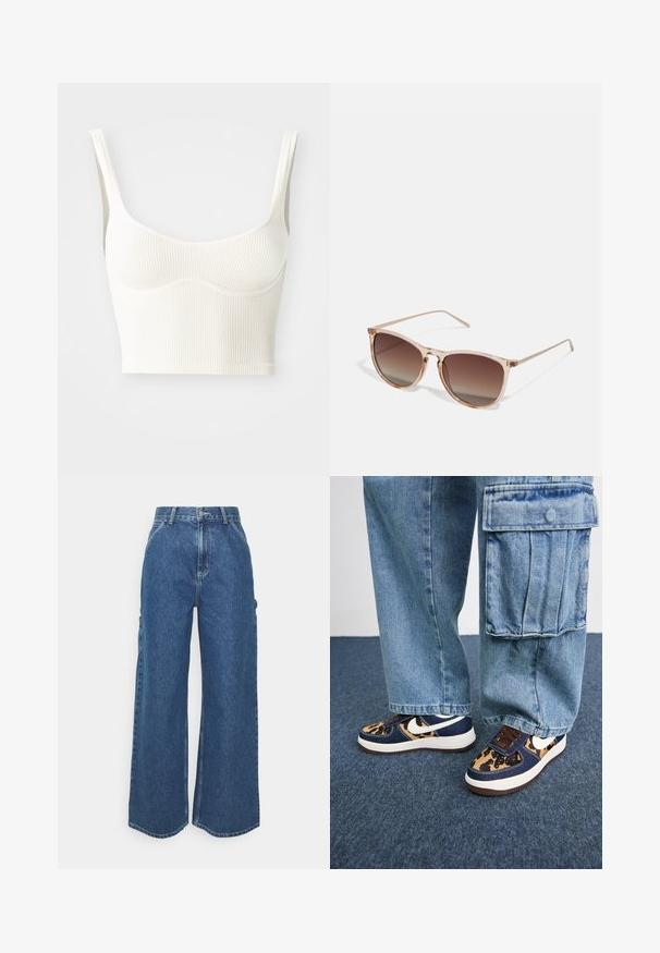 Kreemjas tooni ribakujuline lühikeste varrukatega topp, millel on laiad õlarihmad ja pehme, sile tekstuur. Omab kontuuritud rinnaõmblust ja sirget äärt.; Laiene jalad sinised denim püksid kõrge vöökohaga, kontrastsete õmblustega ja küljetaskutega, klassikalise viie taskuga disainiga ja toore servaga.; Tumed sinised tennised leopardimustriga aktsentide, valge Nike logoga, pruunide paelte ja valge vaheosaga. Kombineeritud heledate denimpükstega.; Prunade gradientiga prillid koos poolka sellest roosast raamistikust, ruudukujulised ning õhukeste metallist kätega. Omab ümarate servadega ja minimaalset detailide taset.