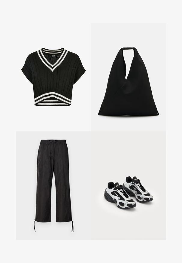 Melna īsā svītra ar V veida kaklu, ar kabeli adītu tekstūru, īsām piedurknēm un divām baltām svītrām pie apkakles un apakšmalas.; Melnas, brīvi pieguļošas bikses ar elastīgu jostu un regulējamām auklām pie potītēm. Gluda auduma ar smalku spīdumu.; Melnas un sudraba krāsas sporta kurpes ar sietiņu un sintētisku virsu, izceļoties ar izteiktu viļņotu dizainu un mīkstinātu apkaklīti, kā arī gaisa amortizāciju zole.; Melnas auduma iepirkumu soma ar unikālu V formas dizainu un gludu tekstūru. Aprīkota ar īsu rokturi un minimālistisku aparatūras detaļu.