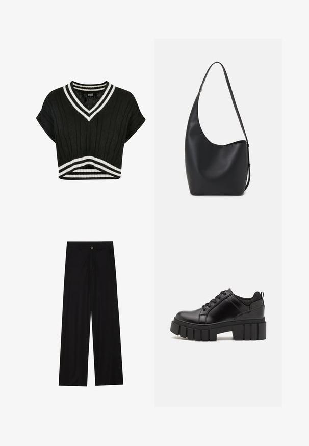 Must svart kärgiga sviit, millel on V-kaelus, kabelniitide tekstuur, lühikesed varrukad ja kaeluse ning ääre ääres kaks valge triipu.; Laiad mustad püksid, mis on valmistatud siledast kangast, esipoolse taskuga ja nööbkinnitusega vööl. Minimalistlik disain ilma mustriteta.; Must musta platvormsussid paksu plokkninal, ümmarguse varbaga ja traditsioonilise nööridega kinnitamisega. Sussid on sileda tekstuuriga ja minimaalsete detailidega.; Mustast nahast hobo kott, millel on sile tekstuur, kumer kuju ja üks reguleeritav rihm; peal on lai avaus.