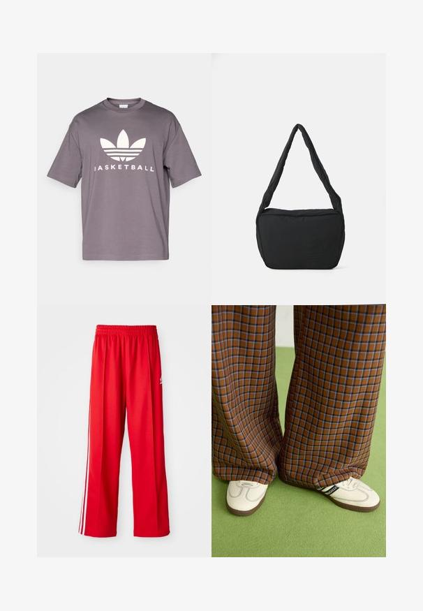 Pilko medvilninė marškinėliai su trumpomis rankovėmis, su dideliu baltu Adidas logotipu ir tekstu "KREIVĖ" žemiau, apvalaus kaklo dizainas.; Raudoni sportiniai džinsai, pagaminti iš lengvos medžiagos, su elastinga juosmens juosta, dviem baltomis šoninėmis juostomis ir mažu logotipu ant klubo.; Rudos ir mėlynos langelinės plačios kelnės, derinamos su baltais batais su juodais akcentais ir tekstūruotais padais, prieš žalią foną.; Juodas pečių krepšys su paminkštinta tekstūra, apvalia forma ir plačia juostele, su iškilminiu logotipu priekyje.