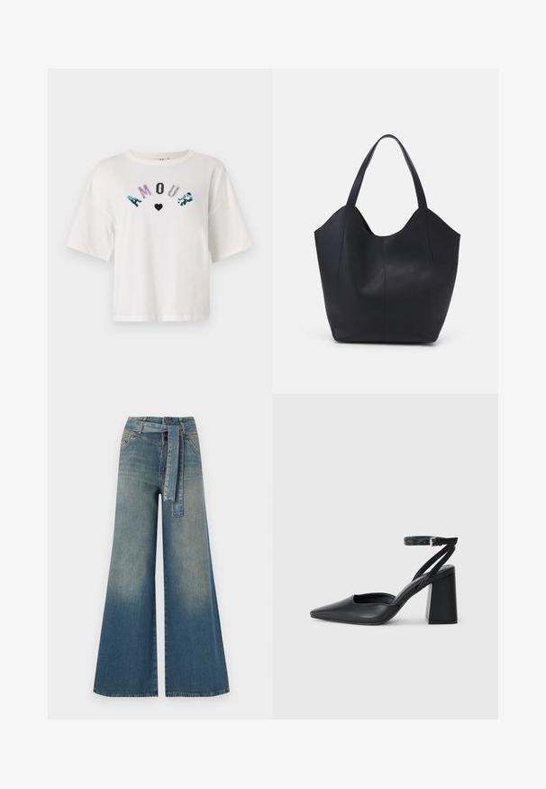 Valge lühikeste varrukatega T-särk, millel on "AMOUR" mitmevärviliste litrite ja südame kujundusega. Kastikujuline lõige ja pehme puuvillane materjal.; Laiad denimpüksid, millel on hele tume sinine gradiendiefekt, kõrge vöökoht, vöökumlid ja sobivast kangast vöö. Struktureeritud denimi viimistlus.; Mustmustest must-käigukingad, millel on konksuga nöör ja paks konts. Ühtlane tekstuur, stiilne disain ja minimalistlik esteetika.; Must must kinnas must rinna, millel on kaarjas avatud ülemine osa, kaks õlarihma ja minimalistlik disain.