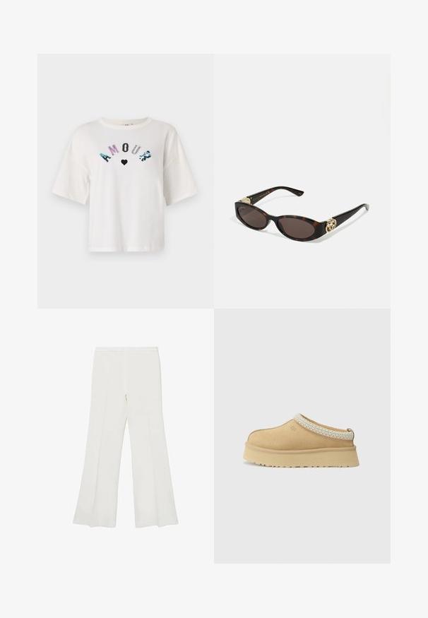 Tricou alb cu mânecă scurtă, cu inscripția "AMOUR" din paiete multicolore și un design cu inimă. Croială boxy și material din bumbac moale.; Pantaloni alba cu flared, cu o textură netedă și linii curate, având un talie medie și fără hardware sau modele vizibile.; Pantof cu slip-on din suede bej cu o guleră căptușită și un accent texturat de culoare albastră deschisă. Prezintă o talpă groasă, durabilă, cu un model de profil.; Ochelari de soare din țiglă cu lentile ovale alungite, nuanță maro, accente cu logo auriu pe brațele laterale și brațe negre elegante.; Geantă de mână din piele maro, cu două mânere rezistente, formă rectangulară, textură netedă și închidere cu fermoar. Design minimalist, fără modele vizibile.