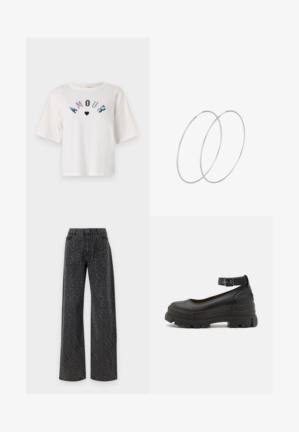 Bílé tričko s krátkým rukávem s nápisem "AMOUR" v mnohobarevných flitrech a designem srdce. Oversized střih a měkký bavlněný materiál.; Noisy May NMJANNEL LOOSE - Džíny Relaxed Fit - black denim; Buffalo ASPHA - Lodičky s platformou - black; Stříbrné kruhové náušnice s minimalistickým designem. Kruh, hladký povrch a tenký profil. Lehká konstrukce s lesklým povrchem.