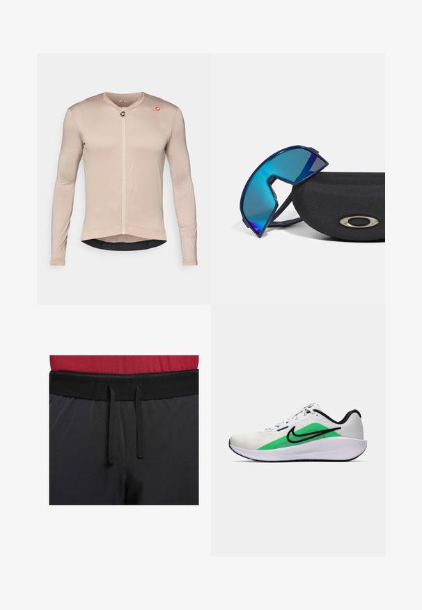 Cyklistická dres s dlhým rukávom v svetlej béžovej farbe, vyrobený z textúrovaného priedušného materiálu. Obsahuje predný zips, akcent s logom a kontrastný lem.; Čierne športové nohavice majú široký pás so vonkajším šnúrkovým sťahovaním. Materiál je hladký s jemným leskom a bez viditeľných vzorov.; Biela športová obuv s zeleným akcentom, čiernym logom, sieťovaným zvrškom, polstrovanou podrážkou a zaoblenou pätou. Obsahuje šnúrky a kontrastné detaily.; Slnko-odrážajúce slnečné okuliare s modrým nádychom v športovom dizajne, položené na štruktúrovanom čiernom púzdre s metalickým logom.