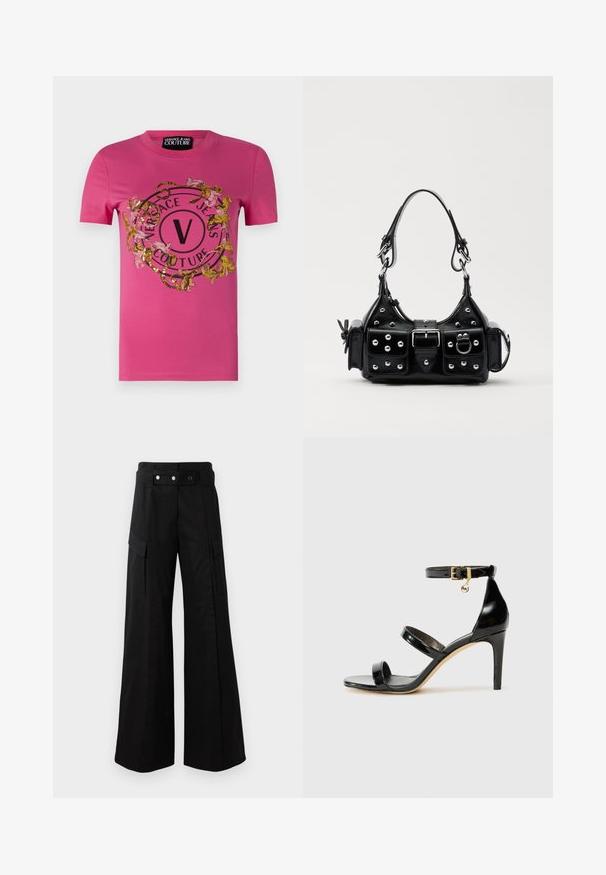 Roosa puuvillane T-särk, millel on ümmargune logodisain, kus on lille- ja madumotiivid, kaunistatud kuldsete ja mustade sädelevate detailidega.; Must värvi nahast särk nupuga esitasku, terava krae ja kahe rinna taskuga. Omab laia lõiget ja sujuvat tekstuuri.; Mustad laiad püksid kõrge vöökohtaga, suured küljetaskud, kaks esimest nööpi ja silmuse detailiga. Valmistatud tugevast kangast.; Must musta nahk sandaal kolme rihmaga, pahkluu vööga ja 4-tollise stilettakontsaga. Omab kuldset detaili ja logovõtit.; Must värvi nahast käekott, millel on kaarjas disain, hõbedased nupukesed, kinnitusahe ja kaks külgtaskut. Reguleeritav rihm erinevate kandmisvõimaluste jaoks.