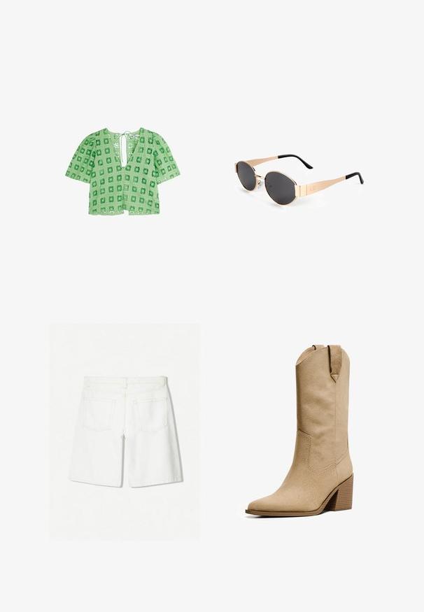 Grünes Spitzenoberteil mit einem quadratischen Ausschnittmuster, kurzen Puffärmeln und einem tiefen V-Ausschnitt mit einer Bindeschließe auf der Rückseite.; Weiße Denim-Shorts mit einem geraden Schnitt, hoher Taille, zwei Gesäßtaschen und dezenten Steppnähten.; Bershka HIGH-HEEL - Cowboy-/Bikerboot - beige; Goldfarbene ovale Sonnenbrillen mit dunklen Gläsern, die ein elegantes Design, dünne Bügel und einen schwarzen Akzent am Schläfenbereich aufweisen. Modellnummer L37.