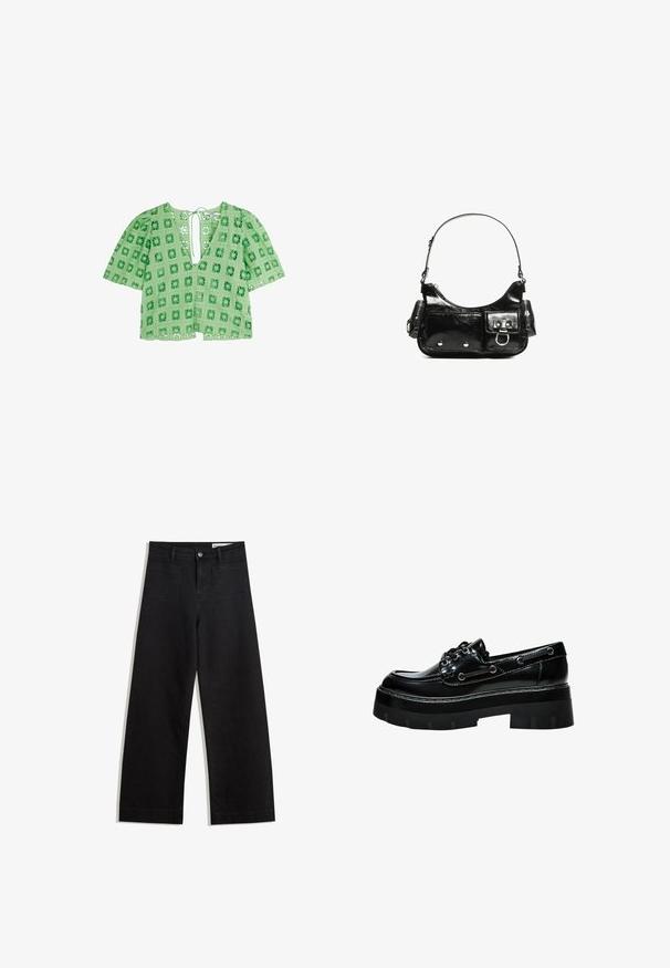 Top verde din dantelă, cu un model de decupaj pătrat, mâneci scurte tip puff și decolteu adânc în V, cu închidere prin legare la spate.; Pantaloni din denim negri cu picioare largi, cu talie înaltă, având buzunare frontale și posterioare, cusături dublate și închidere cu nasture. Textură netedă.; Pantof cu toc gros din piele lacuită neagră, vârf rotund, design cu sireturi și gaoace de argint. Prezintă o talpă texturată, cu profil.; Geantă de mână din piele lăcuită neagră, cu o formă curbată, un umăr, buzunare frontale și accente din metal argintiu.