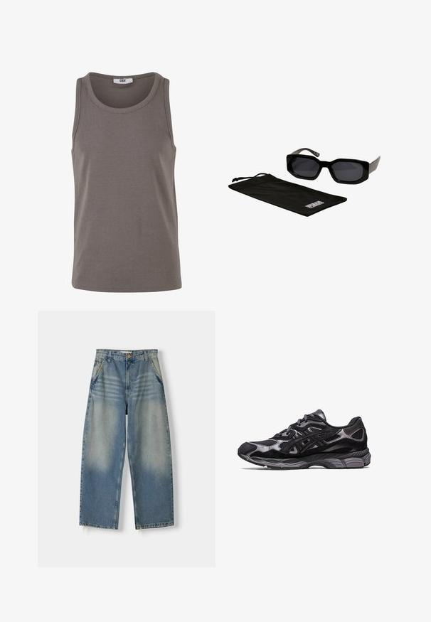 Grijze geribde tanktop met een ronde halslijn en brede armsgaten. Gemaakt van rekbare stof, heeft het een normale pasvorm en een minimalistisch ontwerp.; Lichtblauwe denim broek met wijde pijpen en een vervaagde afwerking, vijf zakken ontwerp en een ruwe zoom. Voorzien van een knoop- en ritssluiting aan de voorkant.; Zwarte sportschoen met een bovenwerk van mesh en suede, met een gestructureerd ontwerp en een robuuste, gewatteerde grijze zool.; Zwarte zonnebril met hoekige, oversized monturen en donkere lenzen, vergezeld van een zwarte microfiber zak met een logo erop.