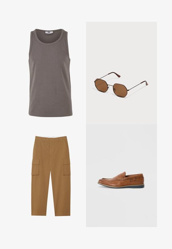 Sivi rebrasti majica bez rukava s okruglim izrezom i širokim otvorima za ruke. Napravljena od rastezljivog materijala, ima regularan kroj i minimalistički dizajn.; Smeđe cargo hlače s dva bočna džepa, ravnim prednjim dijelom i ravnim krojem. Izrađene su od izdržljive tkanine s glatkom teksturom.; Smeđe kožne mokasine s okruglim vrhom, šivanim detaljima i niskim gumenim potplatom. Dizajn sadrži trakicu preko gornjeg dijela.; Smeđe osmerokutne naočale sa tankim tamnim metalnim okvirom, podešavajućim nosnim jastučićima i smeškastim obojenim staklima; bočne drške imaju narandžasti akcenat.