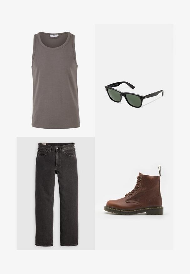 Siv bordo majica brez rokavov s okroglim izrezom in širokimi armholi. Narejena iz elastičnega materiala, ima običajen kroj in minimalen dizajn.; Črne jeans hlače s ravnim krojem, petimi žepi in kovinskimi detalji. Tkanina ima rahlo teksturo in enotno barvno obdelavo.; Rjavi usnjeni čevlji do gležnjev z vezalkami in teksturirano površino, rumenimi šivi in trdo podplatom. Imajo zanko na hrbtni strani.; Črne plastične sončna očala z zelenimi lečami, kvadratni okvirji, srebrni detajl na obrvi in teksturirani ročaji. Blagovna znamka navedena na notranji strani ročaja.
