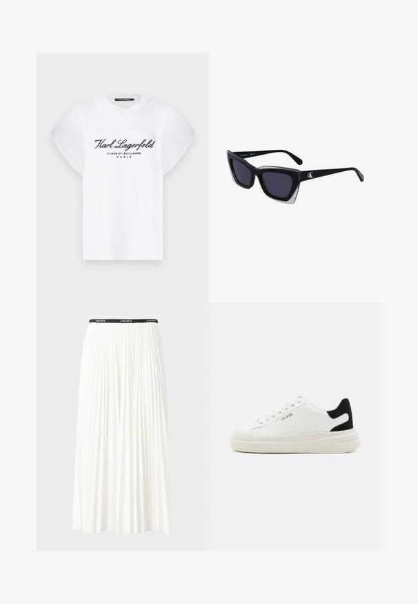 Hvid bomulds T-shirt med korte, oprullede ærmer. Har sort tekst: "Karl Lagerfeld 21 RUE ST-GUILLAUME PARIS" på forsiden.; Plisseret hvid nederdel med en sort elastisk talje, der har "LACOSTE"-logoet. Mellemlang design med blød tekstur.; Hvide lædersneakers med en tyk hvid sål, sort ruskindhælvægt og prægede logoer på siden. Snørebåndsdesign med seks øjer.; Store sorte oversized solbriller med geometrisk form, med mørke linser og en kontrasterende grå detalje på stellet. Logo på armen.