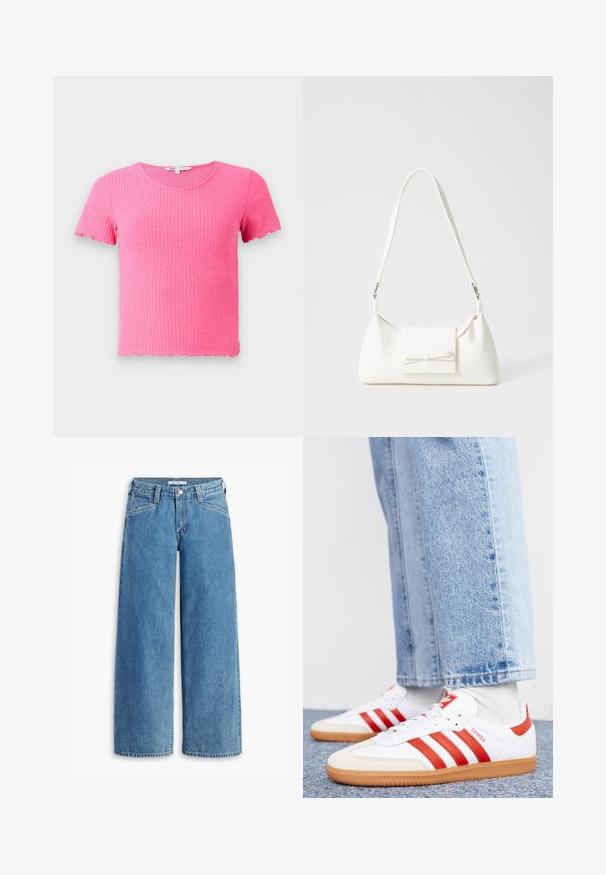 Tricou scurt roz cu mânecă scurtă, cu un decolteu rotund și margini zimțate, realizat dintr-un material moale și elastic.; Jeans largi de culoare bleu deschis, din denim, cu talie înaltă, cinci buzunare și închidere clasică cu nasturi. Croială dreaptă de la coapsă până la margine.; Tenisi albi din piele cu dungi și accente roșii. Au o talpă din cauciuc texturat și un guler căptușit. Purtați cu blugi de culoare albastru deschis.; Geantă sintetică albă, cu formă triangulară, capac frontal plat și detaliu cu fundă, curea ajustabilă, textură netedă și design minimalist.