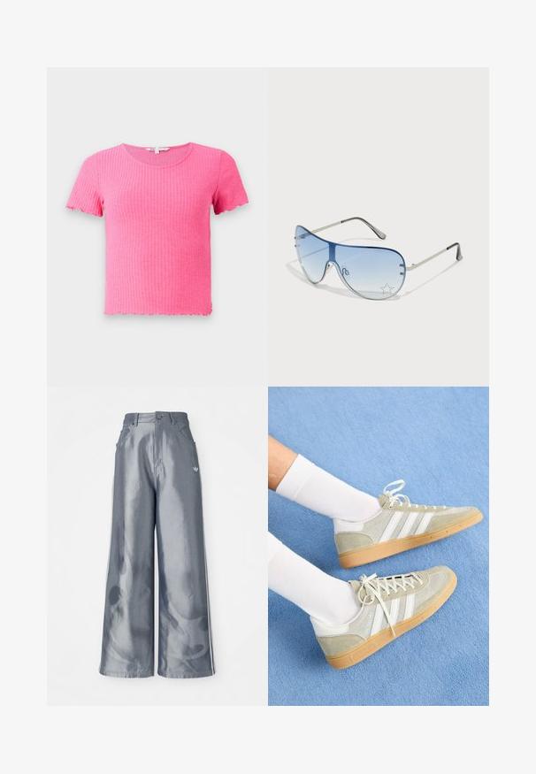 Rosa gerippte Kurzarm-T-Shirt mit rundem Halsausschnitt und gewellten Kanten, aus einem weichen, dehnbaren Material hergestellt.; Weite Hose aus glänzendem grauem Material, ausgestattet mit weißen seitlichen Streifen und einem Flammenmuster an den Unterschenkeln. Knopf- und Reißverschlussverschluss an der Taille.; Hellgraue Wildledersneaker mit weißen Gummielementen, ausgestattet mit drei weißen Streifen und einer Gummisohle, getragen mit weißen Socken vor einem blauen Hintergrund.; Flugzeugbrille mit einem verlaufenden blauen Glase, silbernem Metallrahmen und dekorativen Sternelementen auf dem Glas. Glattes und elegantes Design.