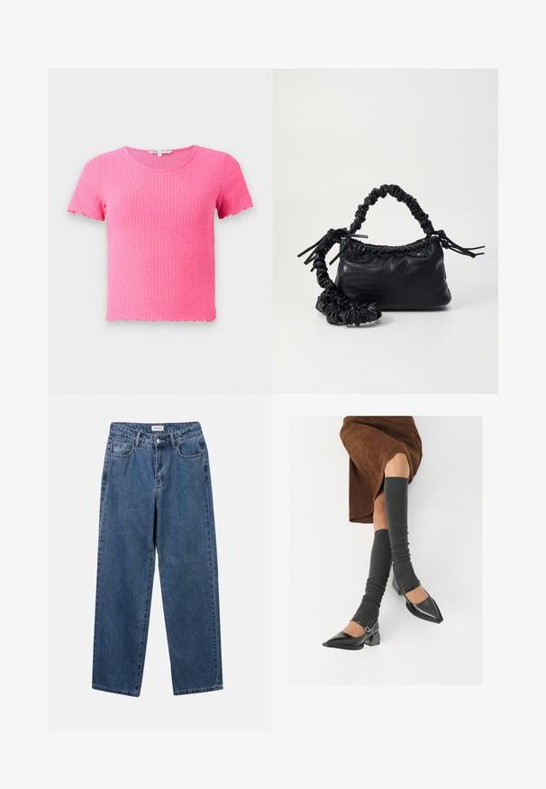 Růžové krátké tričko s elastickým materiálem, kulatým výstřihem a vlnitými okraji.; Klasické modré džíny z denimu se střihy rovné nohy, pěti kapsami a zapínáním na knoflík. Mají střední odstín a odolnou texturu.; Černé lakované boty s špičatou špičkou, blokovým podpatkem a kotníkovým páskem, spárované s šedými žebrovanými návleky na nohy a hnědskou sukní z semiše.; Černá kabelka z umělé kůže s krokodýlím vzorem, staženým vrškem a zmačkaným popruhem. Zdá se, že má měkký a kompaktní design.