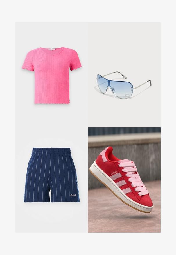 Roze geribbelde T-shirt met korte mouwen, een ronde halslijn en gegolfde randen, gemaakt van een zacht, rekbaar materiaal.; Navy blauwe shorts met witte streepjes, elastische tailleband en het Adidas-logo. Kenmerkt blauwe accenten aan de zijkanten, gemaakt van een katoenmix.; Rode nubuck sneakers met roze accenten, voorzien van drie witte strepen en lichtroze veters. Witte tussenzool en gumrubberen buitenzool.; Aviator zonnebril met een gradient blauwe lens, zilveren metalen frame en decoratieve sterrenaccenten op de lens. Glad en strak ontwerp.