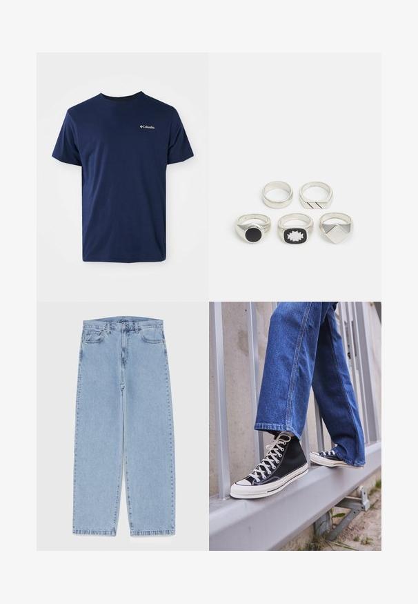 Navy blue cotton short-sleeve t-shirt with a crew neckline and a small white Columbia logo on the left chest. Soft texture, classic fit.; Light blue denim jeans with straight leg design, featuring a mid-rise waist, five pockets, and a button and zipper closure.; Black high-top sneakers with white sole and laces, paired with loose blue denim jeans, resting on a gray railing.; Five silver rings: one with a black circular detail, one with a white and black geometric pattern, and others with various shapes and finishes.