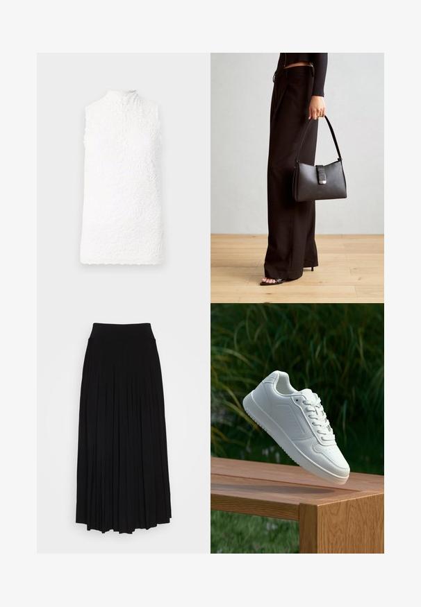 Haut sans manches blanc avec un col montant, présentant une texture en dentelle florale, un ourlet festonné et une fermeture à boutons à l'arrière.; Jupe plissée noire avec une taille haute et extensible. Fabriquée en tissu doux, elle présente des plis verticaux pour une silhouette fluide.; Sneakers blanches avec une tige synthétique lisse, un avant perforé, des lacets plats et une semelle texturée, présentées sur une surface en bois.; Sac à main noir à la forme structurée, texture lisse et fermoir métallique. Associé à un pantalon noir ample et des sandales ouvertes sur un sol en bois.