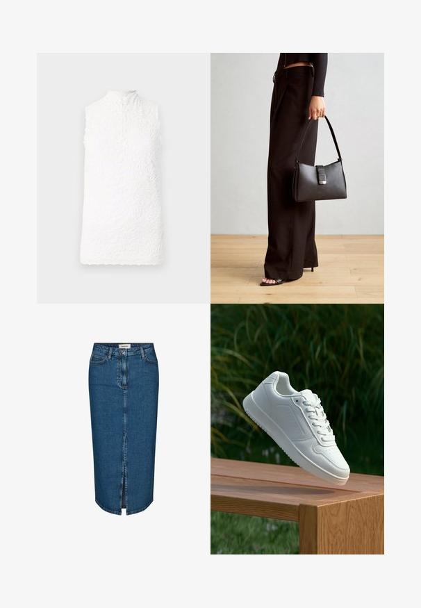 Haut sans manches blanc avec un col montant, présentant une texture en dentelle florale, un ourlet festonné et une fermeture à boutons à l'arrière.; Jupe crayon en denim bleu foncé, avec une fente avant, cinq poches et des coutures contrastées. Taille mi-haute avec un design classique.; Sneakers blanches avec une tige synthétique lisse, un avant perforé, des lacets plats et une semelle texturée, présentées sur une surface en bois.; Sac à main noir à la forme structurée, texture lisse et fermoir métallique. Associé à un pantalon noir ample et des sandales ouvertes sur un sol en bois.
