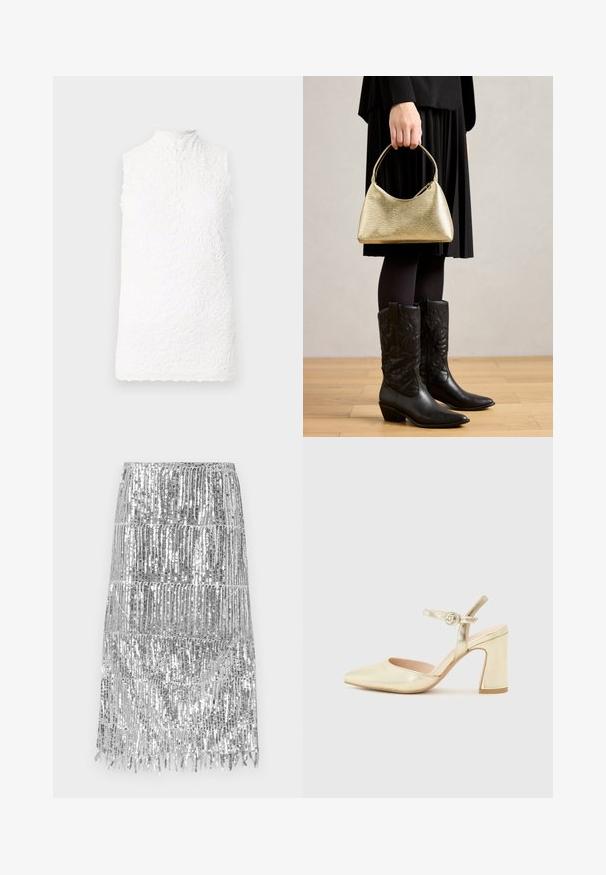 White sleeveless top with a high neck, featuring floral lace texture, scalloped hem, and button closure at the back.; Silver sequined skirt with vertical fringe details, featuring a stretchy waistband and a short, fitted design.; Gold metallic heeled shoe with a pointed toe, an ankle strap featuring a circular clasp, and a chunky heel design. Smooth texture.; Gold textured handbag with a curved shape and short handle, held by a person wearing a black pleated skirt and black leather cowboy boots.