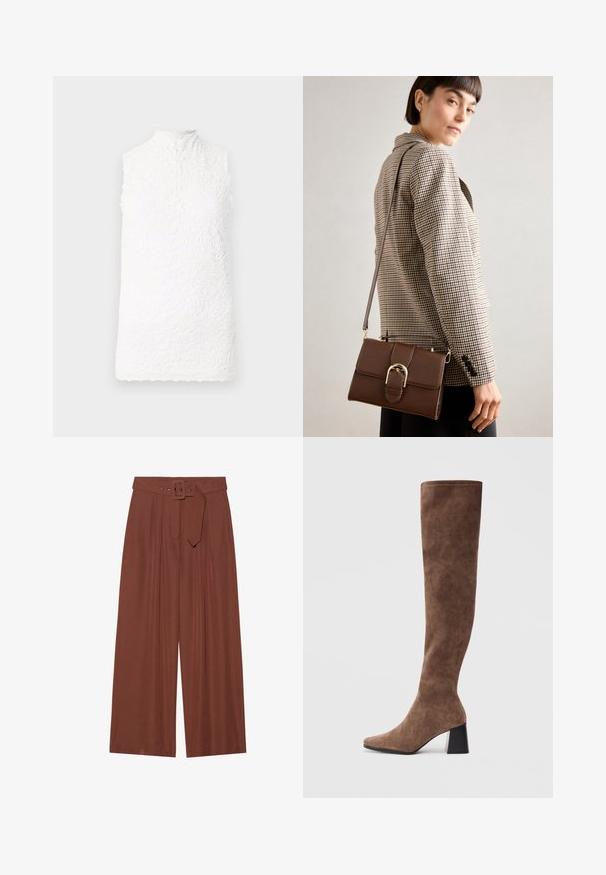 Balts bezslejas tops ar augstu kaklu, ar ziedu mežģīņu tekstūru, viļņotu apakšmalu un pogu aizdari aizmugurē.; Platas kājas bikses brūnā audumā, ar jostu ar kvadrāta sprādzi, plišu dizainu un gludu tekstūru.; Brūni virsceļgala zābaki, kas izgatavoti no mīkstas zamša, ar iegarenu pirkstu un masīlu melnu papēdi. Dizains ietver bezšuvju šuvju, lai radītu elegantu izskatu.; Brūna ādas plecu soma ar zelta aparatūras sprādzi, taisnstūra forma, gluda tekstūra un noņemams siksniņš.