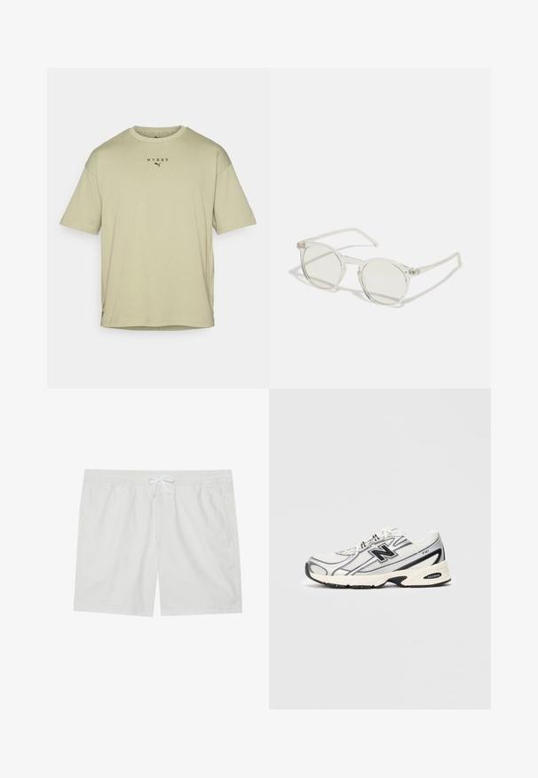 Oliivroheline lühikeste varrukatega t-särk, mis on valmistatud pehmest puuvillast. Omab ümmargust kaelust ja musta trükitud "HYROX" logo väikese Puma embleemi kohal.; Valged puuvillased lühikesed püksid elastse vöökoha ja paelaga, kahel külgtaskul ja puhtaid jooni, pakkudes lihtsat kujundust.; Valge ja hall spordijalats musta "N" logoga, võrgusilmast ülemine osa, pehmendusega tallad ja lipsudega disain, esitatud heledal hallil taustal.; Ümmargused prillid läbipaistva raami, helesiniste läätsede ja õhukeste, selgete tempidega. Raamil on peened metallilised aktsendid.