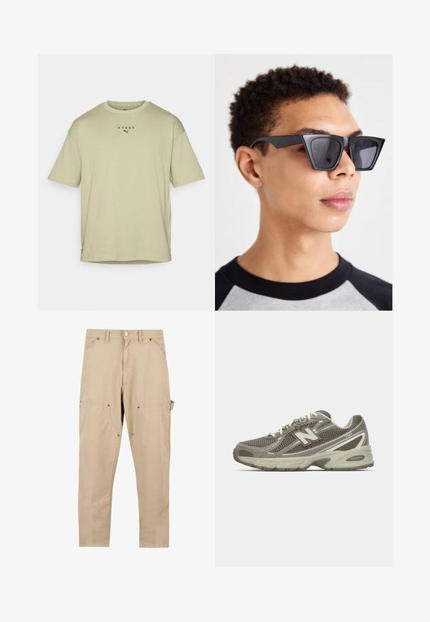 Oliivroheline lühikeste varrukatega t-särk, mis on valmistatud pehmest puuvillast. Omab ümmargust kaelust ja musta trükitud "HYROX" logo väikese Puma embleemi kohal.; Beezid cargo püksid, mis on valmistatud puuvillast. Omaduseks on mitu taskut, sirge lõikega ja nupuga kinnitamine metallist detaile.; Hallitusjalanõud hallis ja beežis kestast, millel on tekstureeritud pind, pehme tald, valged paelad ja peegeldavad hõbedased detailid.; Mustad nurgelised prillid tumedate läätsedega, millel on julge geomeetriline disain ja mati viimistlusega. Kandmas inimene lühikeste juustega.