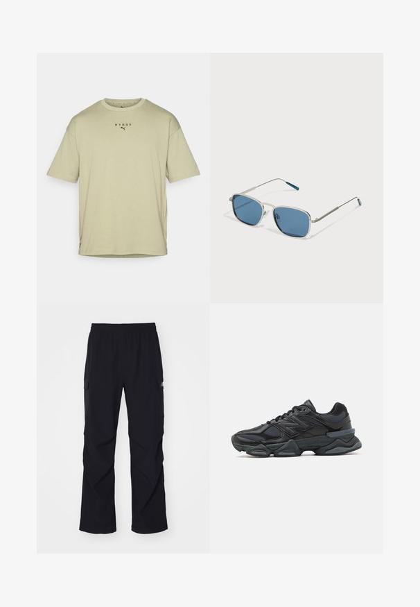 Olive green short-sleeve t-shirt made from soft cotton. Features a crew neckline and black printed "HYROX" logo above a small Puma emblem.; Black cargo pants made of lightweight material, featuring an elastic waistband, side pockets, and a straight leg design.; Black running shoe featuring a mix of mesh and synthetic materials, chunky sole, curved design, and prominent branding on the side.; Sunglasses with a silver metal frame, rectangular blue lenses, and thin arms. Features blue accents on the temple tips.