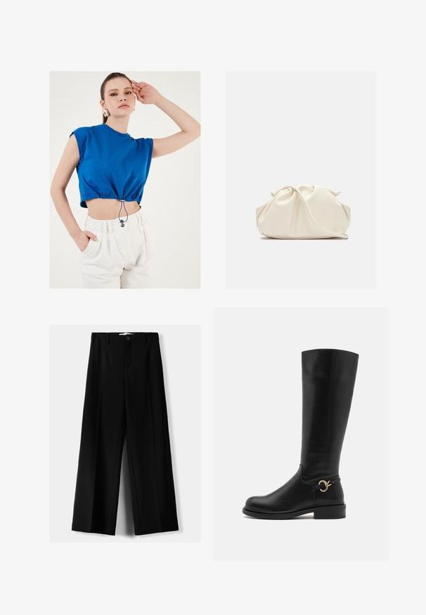 Top scurt albastru cu mâneci scurte, cu tiv strâns ce are un șnur și un clește metalic, asortat cu pantaloni albi cu talie înaltă.; Pantaloni negri cu picior larg, fabricați dintr-un material ușor, cu închidere frontală cu nasture și față plată, având tivuri cusute cu atenție.; Anna Field Wide Fit Cizme - black; Geantă din faux leather de culoare crem, moale, cu un design pliat, bretele ajustabile și un închizător discret cu șnur. Textură netedă și formă rotunjită.