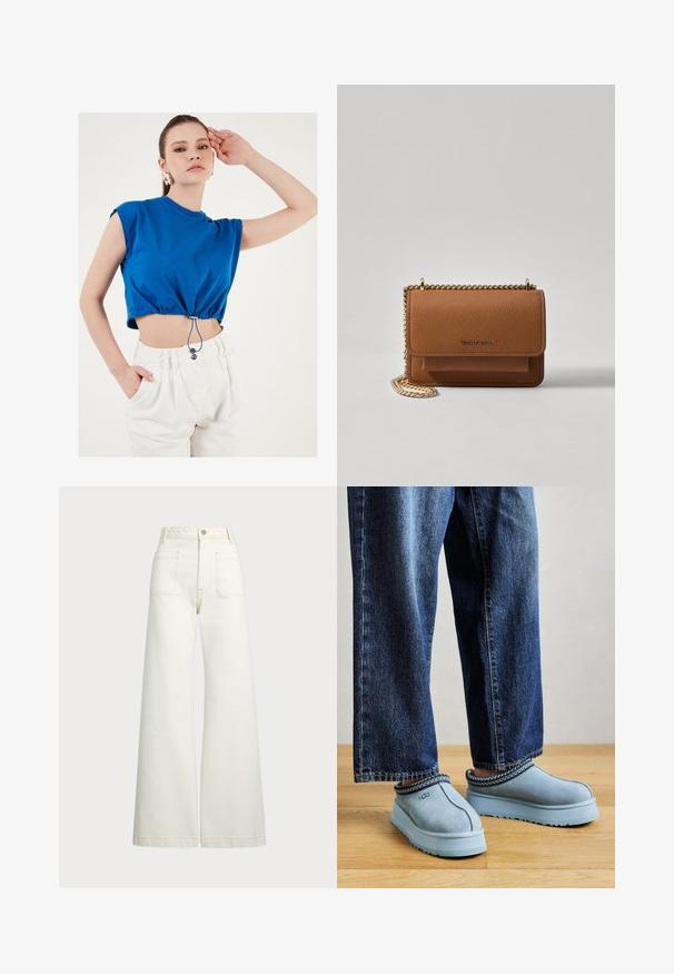 Zils īss tops ar īsām piedurknēm, krokojoša apakšmala ar auklu un metāla sprādzi, kombinēts ar augstām balta krāsas biksēm.; Platās kājas džinsi off-white denima. Augsta jostasvieta ar pogu aizdari, divas priekšējās kabatas un kontrastējošas šuvju detaļas.; Zilā ādas UGG slīdējamo kurpju pāris ar biezām zolēm, kas valkātas ar zilām džinsu biksēm uz koka grīdas pret vienkāršu fona.; Brūna teksturēta ādas plecu soma ar zelta ķēdes siksnu un atloka aizdari. Priekšpusē ir logotipa detaļa un kabata zem atloka.