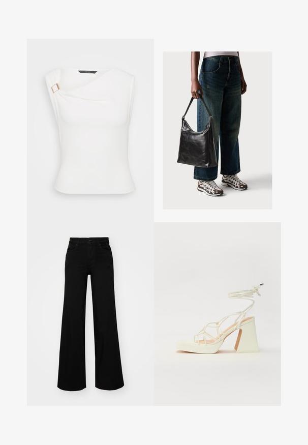 Balta be rankovių viršutinė dalis su drabužio drapiruotės dizainu, turi auksinį akcentą šalia peties. Slypus, tamprus audinys su prigludusia forma.; Juodos plačios kelnės iš denimo, turinčios struktūruotą juosmenį, diržo kilpas ir priekines kišenes. Lygus paviršius su klasikinio dizaino elementais.; Balti aukštakulniai sandalai su masyviu kulnu, su dirželių dizainu ir kulkšnies raiščiu. Lygi tekstūra su platforma priekyje, suteikianti papildomą aukštį.; Juodas odinis peties krepšys su lygiu paviršiumi ir reguliuojama dirželiu, derinamas su nublukusiais plačiapurčiais džinsais ir sportiniais batais.