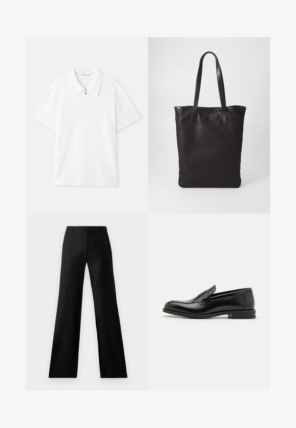 Balta trumpų rankovių polo marškinėliai su tekstūruotu audiniu, apykakle ir priekiniu užtrauktuku, žymėti Tiger of Sweden.; Juoda pločio kojų kelnės, pagamintos iš lygaus audinio. Turi vidutinio aukščio juosmenį ir priekinės raukšlės, siūlančios pritaikytą siluetą.; Juodos odinės loafers, turinčios lygų paviršių, apvalią noselę ir dekoratyvinę juostą per priekinę dalį. Žemas krentantis kulnas, minimalistinis dizainas.; Juodas drobės pirkinių maišelis su juodais odiniais rankenomis. Paprastas dizainas, erdvus kūnas ir lygus paviršius. Nėra matomų logotipų ar raštų.