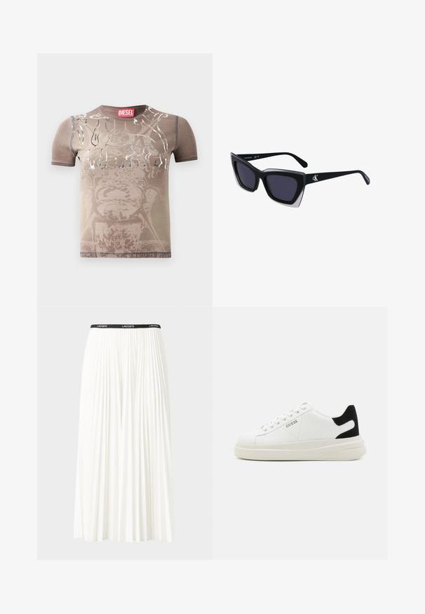 Brun kortermet T-skjorte med en falmet grafisk design og sølv detaljer. Har rund hals og kontraststing. Merket er synlig.; Plissert hvit skjørt med en svart elastisk midje som har "LACOSTE"-logoen. Midjelengde design med myk tekstur.; Hvite lær sneakers med tykk hvit såle, svart semsket hælforsterkning og preget logo på siden. Snøresystem med seks hull.; Store svarte solbriller i overdimensjonert størrelse med geometrisk form, med mørke linser og en kontrasterende grå detalj på rammen. Logo på armen.