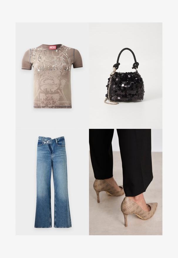 Brašna kratkosleeve majica v rjavi barvi z bledim grafičnim dizajnom in srebrnimi akcenti. Ima okroglo izrez in kontrastno šivanje. Vidna oznaka blagovne znamke.; Svijetloplave traperice s flared krojem i visokim strukom, koje se zatvaraju s dva gumba i imaju prednje džepove. Tkanina ima izblijedjeli izgled s suptilnim varijacijama.; Bež čevlji na visokem petem z teksturirano tkanino, ki ima ponavljajoč vzorec. Oblika z ostrim nosom z zadaj poudarjenim delom in zlatim podplatom.; Črna mini torbica s palčkami iz bleščic, z vozlanim teksturiranim trakom in srebrnima verigama. Okrogla oblika z nabranim vrhom in odsevnimi detajli.