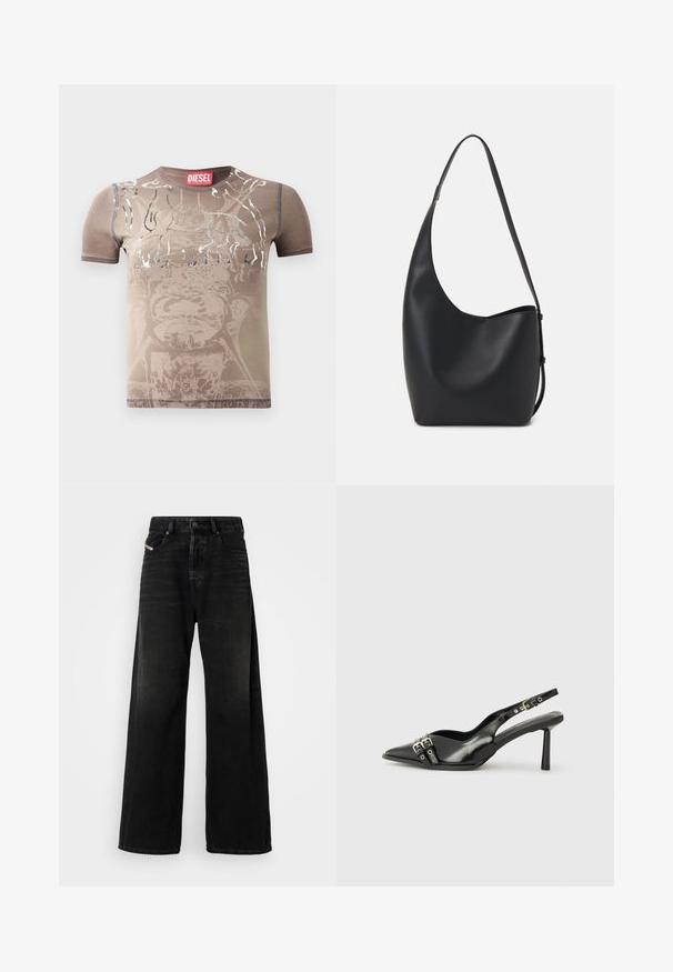 T-shirt castanho de manga curta com um design gráfico desbotado e detalhes em prata. Apresenta um decote redondo e costuras em contraste. Rótulo da marca visível.; Jeans de denim preto de perna larga com uma cintura alta, apresentando um fecho de botão, bolsos frontais e uma textura desbotada.; Sapato slingback preto em pele patentada com bico apontado, tiras no tornozelo apresentando fivelas e acessórios prateados, e um salto elegante.; Saco hobo preto em pele com uma textura lisa, forma curva e uma única alça ajustável; apresenta uma abertura larga na parte de cima.