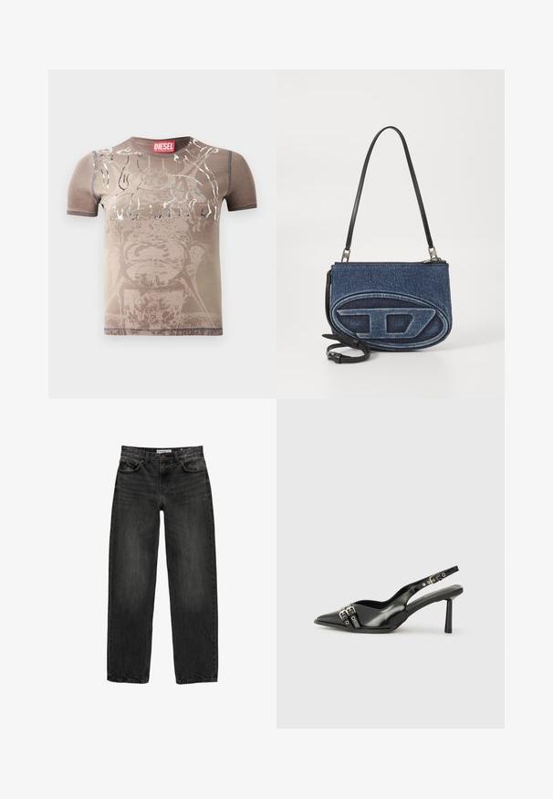 Ruskea lyhythihainen t-paita, jossa on haalistunut graafinen kuvasto ja hopeiset yksityiskohdat. Ominaisuuksiin kuuluu pyöreä pääntie ja erivärinenommel. Brändin etiketti näkyvissä.; Mustat farkut rentoa istuvuutta, suora lahje, viisi taskua ja hieman haalistunut pinnan rakenne. Napin ja vetoketjun sulku edessä.; Musta patenttinen nahkainen slingback-kengät, joissa on terävä nenä, nilkkahihnat hopeisilla soljilla ja varusteilla sekä hoikka korko.; Denim-mallinen olkalaukku, jossa on musta nahkahihna, etupuolella ovale logo -kuvio ja vetoketjukiinnitys ylhäällä. Rakeinen pinta.