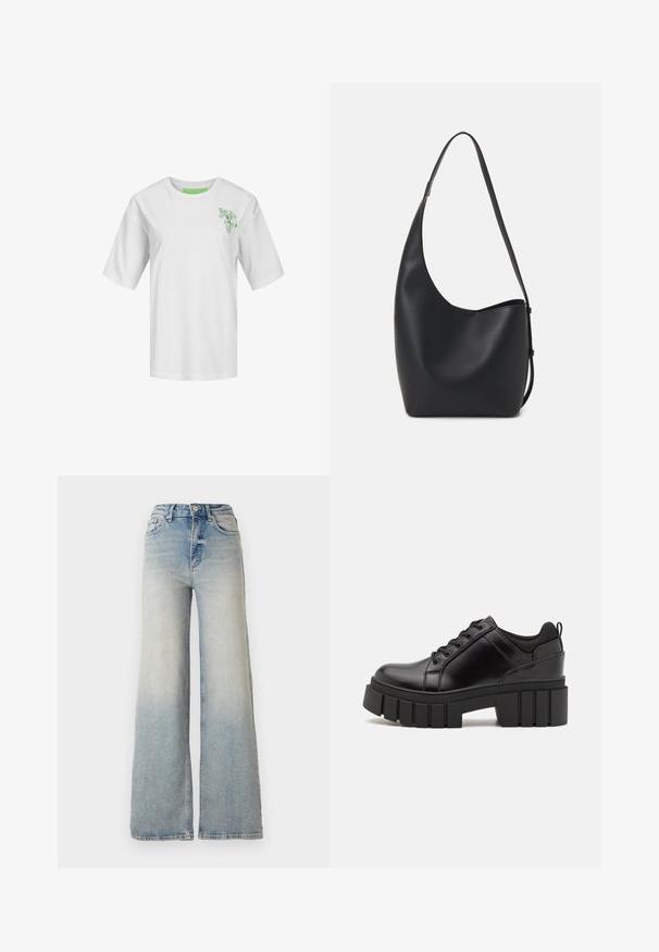 White cotton t-shirt with short sleeves and a relaxed fit. Features a green floral vase graphic on the left chest.; Light blue wide-leg jeans made of denim, featuring a high waist, five pockets, and visible stitching along the seams.; Black leather platform shoes with a chunky block heel, round toe, and traditional lace-up design. Features smooth texture and minimal detailing.; Black leather hobo bag with a smooth texture, curved shape, and single adjustable strap; features a wide opening at the top.