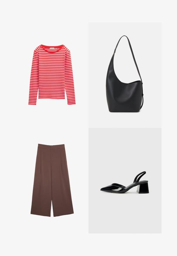 Majica z dolgimi rokavi z rdečimi in svetlo roza vodoravnimi črtami, okrogel izrez, mehak material, sproščen kroj, brez vidne opreme ali dodatkov.; Rjave široke hlače z gladko teksturo, ki imajo visok pas in sprednje naborke. Tkanina je lahka in prosto pada.; Črne lakirane slingback pete s koničastim nosom in geometrijsko blokasto peto. Imajo eleganten, minimalističen dizajn in gladko teksturo.; Črna usnjena hobo torba z gladko teksturo, ukrivljeno obliko in eno nastavljivo naramnico; ima širok odprtina na vrhu.