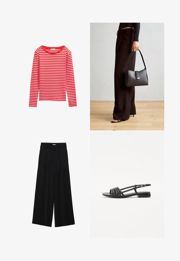 Pitkähihaista puseroa, jossa on punaisia ja vaaleanpunaisia vaakasuoria raitoja, pyöreä kaula-aukko, pehmeä kangas, rento malli, ilman näkyviä varusteita tai korostuksia.; Mustat leveät housut, joissa on teksturoitu kangas, joustava vyötärö ja irrotettava nauha vyötäröllä säädettävää istuvuutta varten.; Musta litteä sandaalit, joissa on hihnattu muotoilu, sisältäen useita nahkahihnoja ja kapean nilkkasoljen. Pohja on litteä ja suorakulmainen.; Musta käsilaukku, jossa on rakenteellinen muoto, sileä pinta ja metallinen solki. Yhdistetty leveisiin mustiin housuihin ja avonaiheisiin sandaaleihin puulattialla.