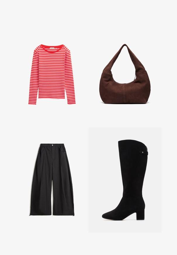 Dugi rukav s gredama u crvenoj i svijetloružičastoj boji, okrugli izrez, mekani materijal, ležeran kroj, bez vidljivih dijelova ili naglaska.; Crne hlače širokih nogavica s visokim strukom, s nabora, prednjim zatvaranjem na dugme i dva bočna džepa. Izrađene su od tkanine s teksturiranim završetkom.; Crne suknje na koljenima od antilopa s špicastim vrhom i blok petom. Imaju glatku teksturu i jednostavan dizajn, s naglaskom na bočnu traku.; Smeđa suknjena hobo torba s zakrivljenom, širokom ručkom i velikim otvorom. Mekana tekstura s vidljivim šavovima duž rubova.