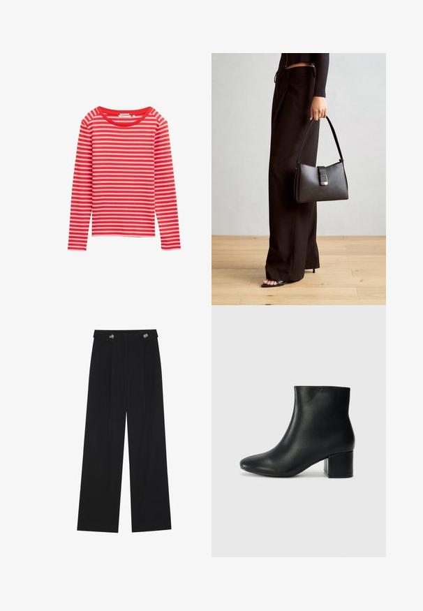 Ilgas rankovės marškinėliai su raudonomis ir šviesiai rožinėmis horizontaliosiomis juostomis, apvaliu iškirpimu, minkšta medžiaga, laisvas kirpimas, be matomų aksesuarų ar dekoro.; Juodi plačios kojos kelnės su aukštu liemeniu, sagų detalėmis ant liemens ir priekinėmis raukšlėmis.; Juodos odinės aulinės botai su smailiu priekiniu pirštu ir storu kulnu. Lygus tekstūra su minimaliomis detalėmis ir elegantišku, tvirtai priglundančiu dizainu.; Juodas rankinė struktūrizuota forma, lygi tekstūra ir metalinis užsegimas. Suporuota su plačiomis juodomis kelnėmis ir atvirais bateliais ant medinių grindų.