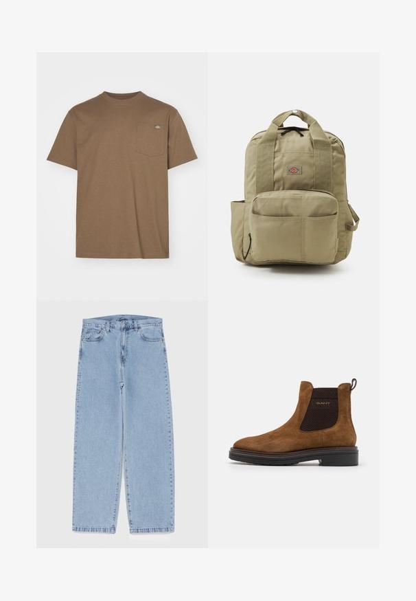 Dickies LURAY POCKET TEE - Basic póló - mushroom; Világoskék farmernadrág egyenes szárú kivitelben, közepes derékkal, öt zsebbel, gombos és cipzáros záródással.; Barna velúr bokacsizma kerek orral és rugalmas oldalsó panelekkel. Fekete texturált részlet jellemzi, valamint hátsó húzóhurok. Fekete talp.; Khaki színű hátizsák párnázott pántokkal, elülső zsebbel és kerek logóval. Tartós anyagból készült, tetején fogantyúval és oldalzsebbel rendelkezik.