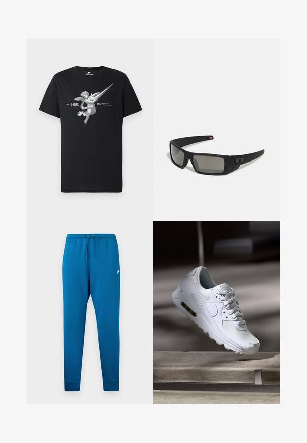 T-shirt preta da Nike com um gráfico em escala de cinza de um anjo com asas e um swoosh da Nike alongado, acompanhado do texto "nike sportswear on the wings of victory".; Calças de fato de treino azuis com cintura elástica e cordão ajustável. Apresenta um logótipo branco na coxa e punhos ajustados nos tornozelos.; Sapatilha Nike Air Max 90 branca com parte superior em malha e couro, caixa de dedos perfurada e uma unidade de ar visível no calcanhar.; Óculos de sol pretos com acabamento mate, lentes retangulares, leve curvatura nas hastes, detalhe sutil do logo e lentes de cor fumada.