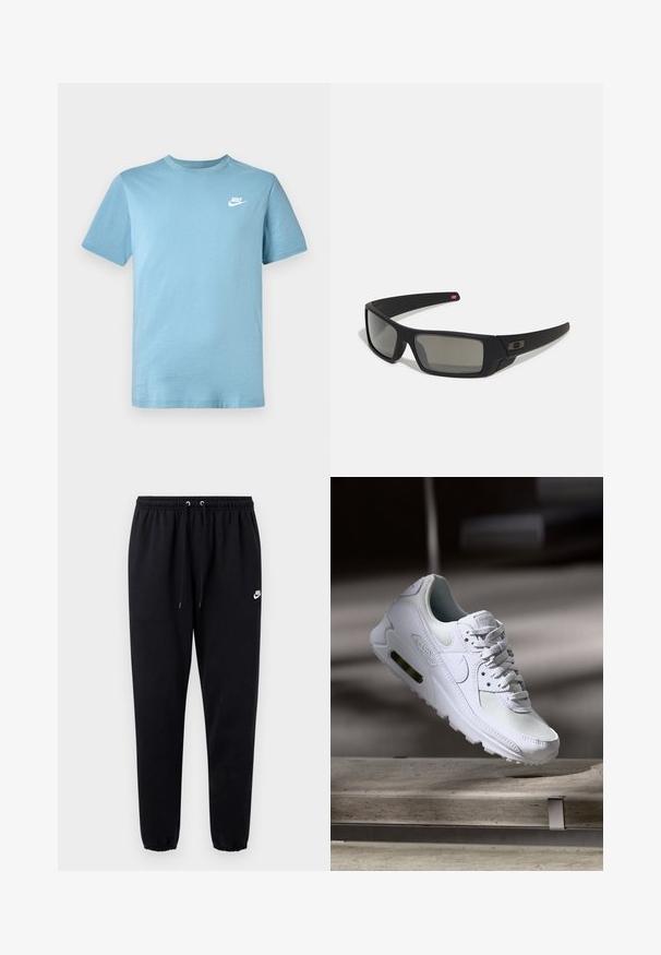 T-shirt de algodão azul claro com mangas curtas, decote redondo e um pequeno logótipo branco da Nike no lado esquerdo do peito. Textura suave.; Calças de treino pretas feitas de tecido macio, com cós elástico com cordão, pernas afuniladas e um pequeno logótipo branco no lado esquerdo.; Sapatilha Nike Air Max 90 branca com parte superior em malha e couro, caixa de dedos perfurada e uma unidade de ar visível no calcanhar.; Óculos de sol pretos com acabamento mate, lentes retangulares, leve curvatura nas hastes, detalhe sutil do logo e lentes de cor fumada.